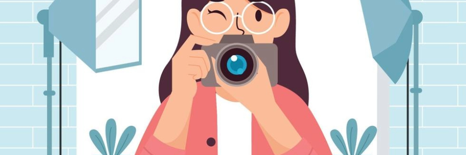 A drawing of a person pointing a camera at the screen